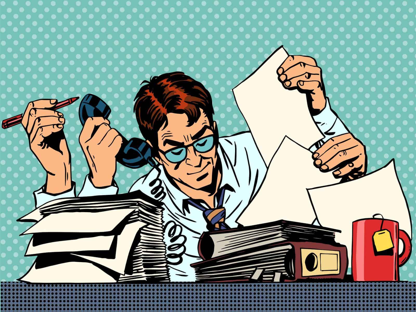 a pop art-style illustration of a man with many hands holding different office supplies